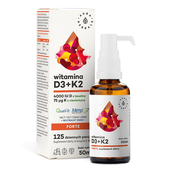 AURA HERBALS Vitaminas D3 + K2mk7 MCT aliejuje 50 ml