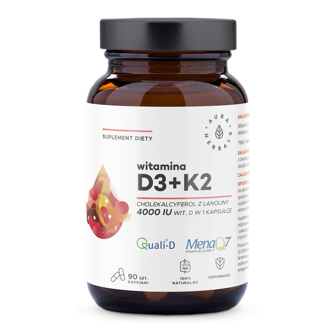 AURA HERBALS Vitaminas D3 4000 TV + K2 90 kaps.