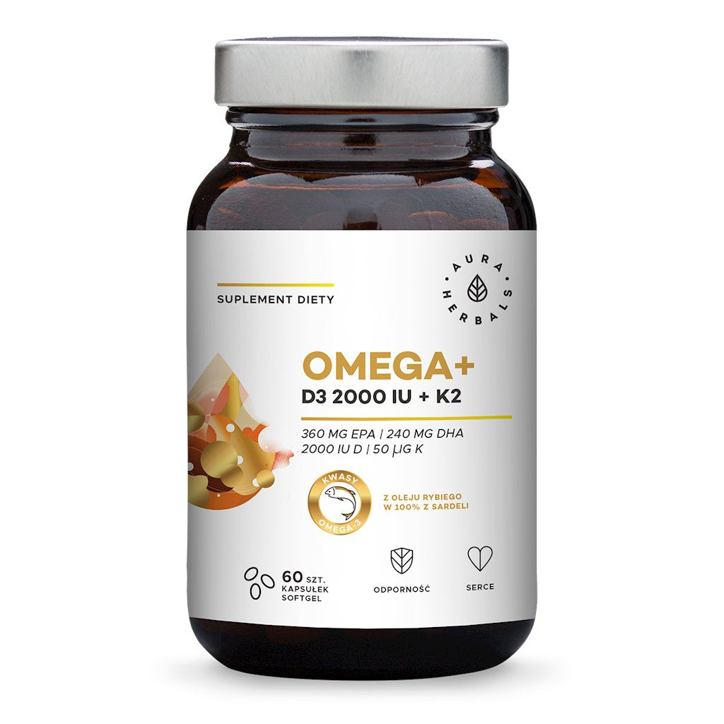AURA HERBALS Omega+ vitaminas D3 2000 TV /cholekalciferolis/ 50 mcg + K2 MK-7 60 kaps.