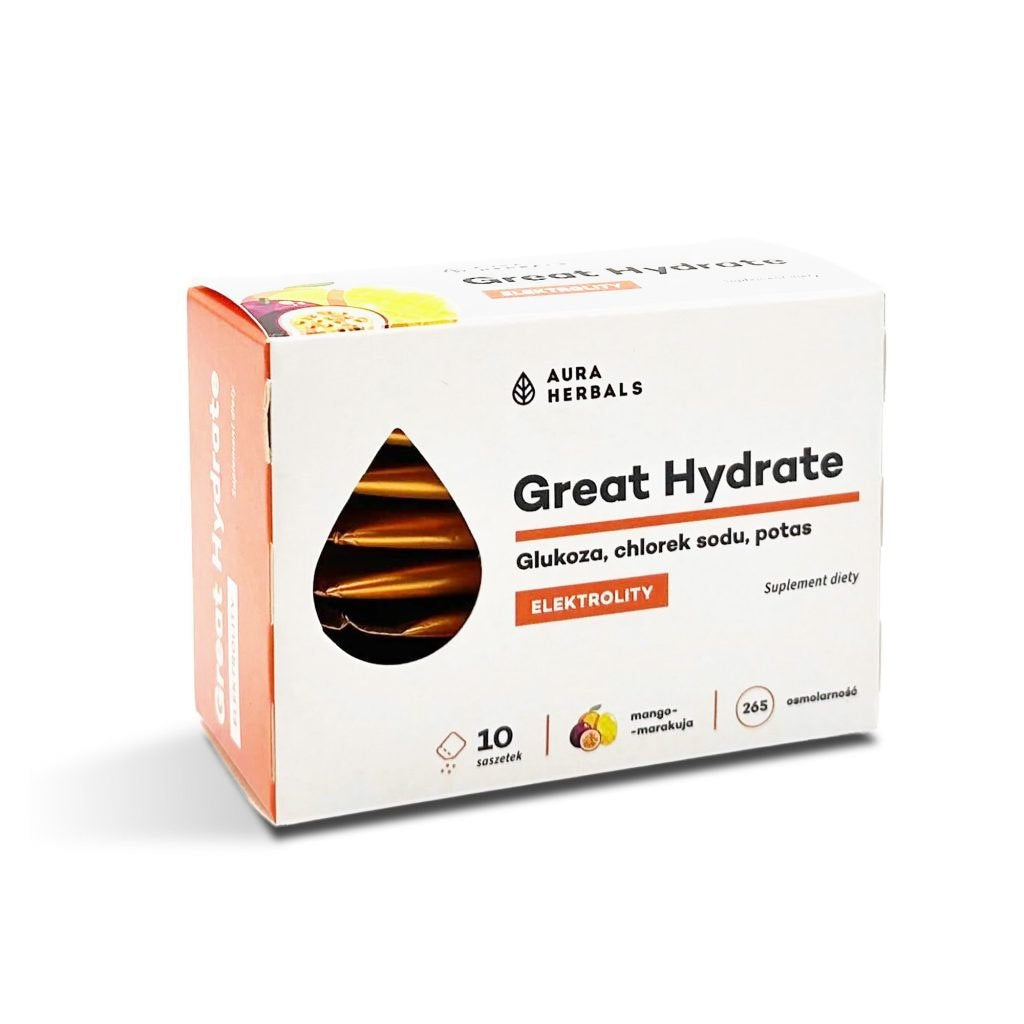 AURA HERBALS Great Hydrate – elektrolitai – mango ir pasiflorų skonio 10 vnt.