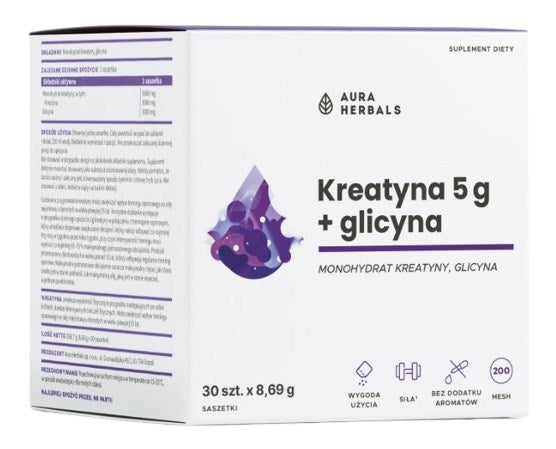 AURA HERBALS kreatino monohidratas 5 g + glicino pakeliai 30 vnt.