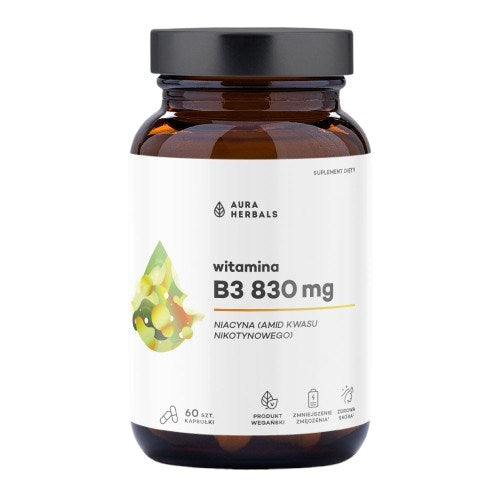 AURA HERBALS Vitaminas B3 830 mg, niacinas 60 kapsulių