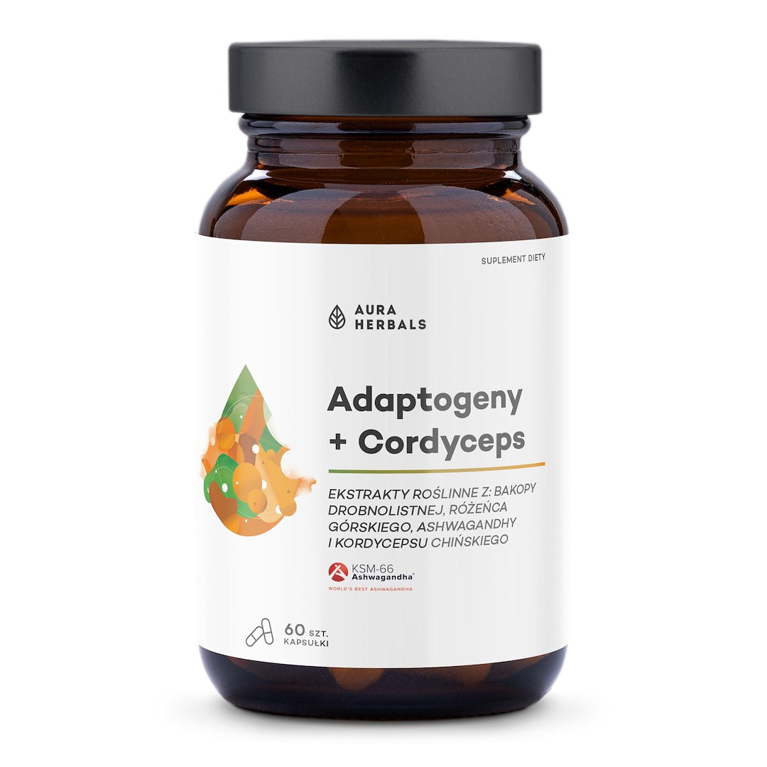 AURA HERBALS Adaptogenai, augalų ekstraktai + kordicepsas 60 kaps.