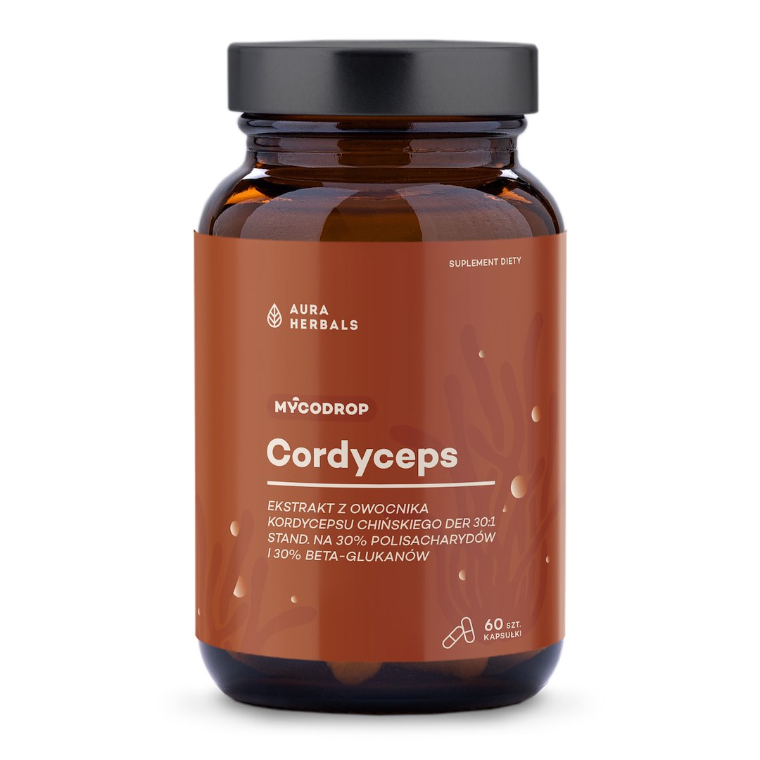 AURA HERBALS Mycodrop, Cordyceps 30:1, 30 % beta gliukanų 60 kapsulių