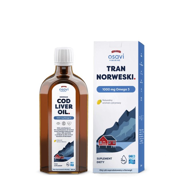 Osavi Norvegiškas menkių kepenų aliejus 1000 mg Omega 3 - citrinų skonio 250 ml