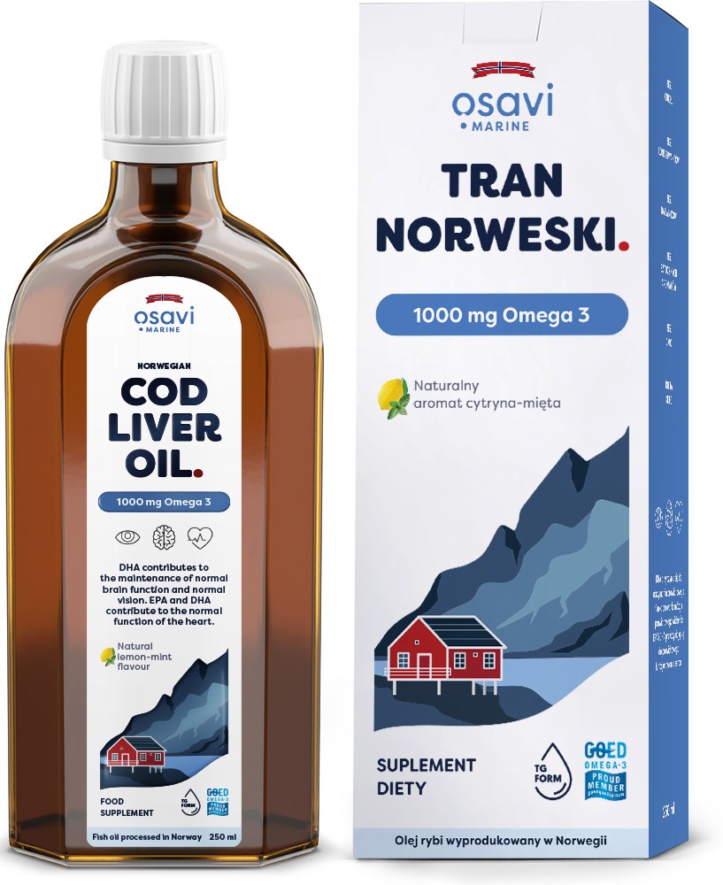 Osavi Norvegiškų menkių kepenų aliejus 1000 mg Omega 3 - citrinų ir mėtų skonio 250 ml