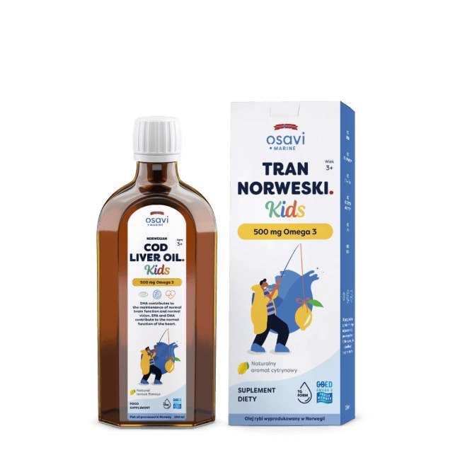 Osavi Norvegijos menkių kepenų aliejus vaikams 500 mg Omega 3 - citrinų skonio 250 ml