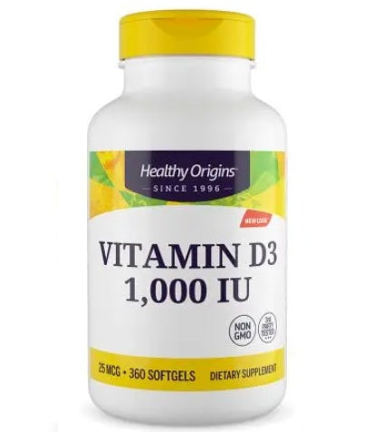 HEALTHY ORIGINS vitaminas D3 1000 TV – vitaminas D 360 kapsulių