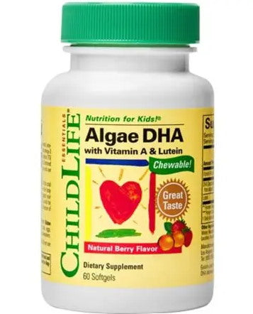CHILDLIFE dumblių DHA su vitaminu A ir liuteinu - DHA iš dumblių + vitaminas A + liuteinas vaikams 60 kaps.