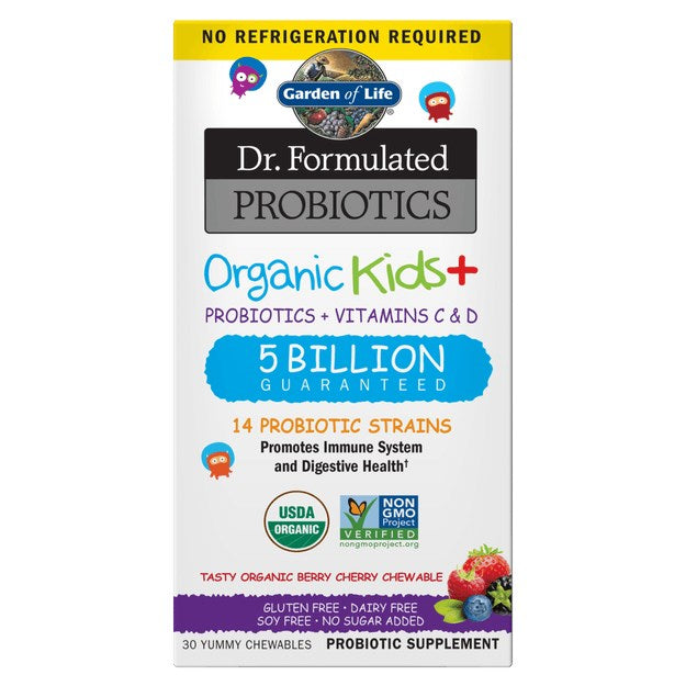 Garden of Life ekologiškas vaikams + probiotikai + vitaminai C ir D - mėlynių ir vyšnių skonio 30 tablečių