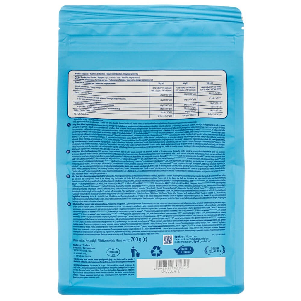 6PAK Milky Shake Whey, šokolado skonio - 700 g
