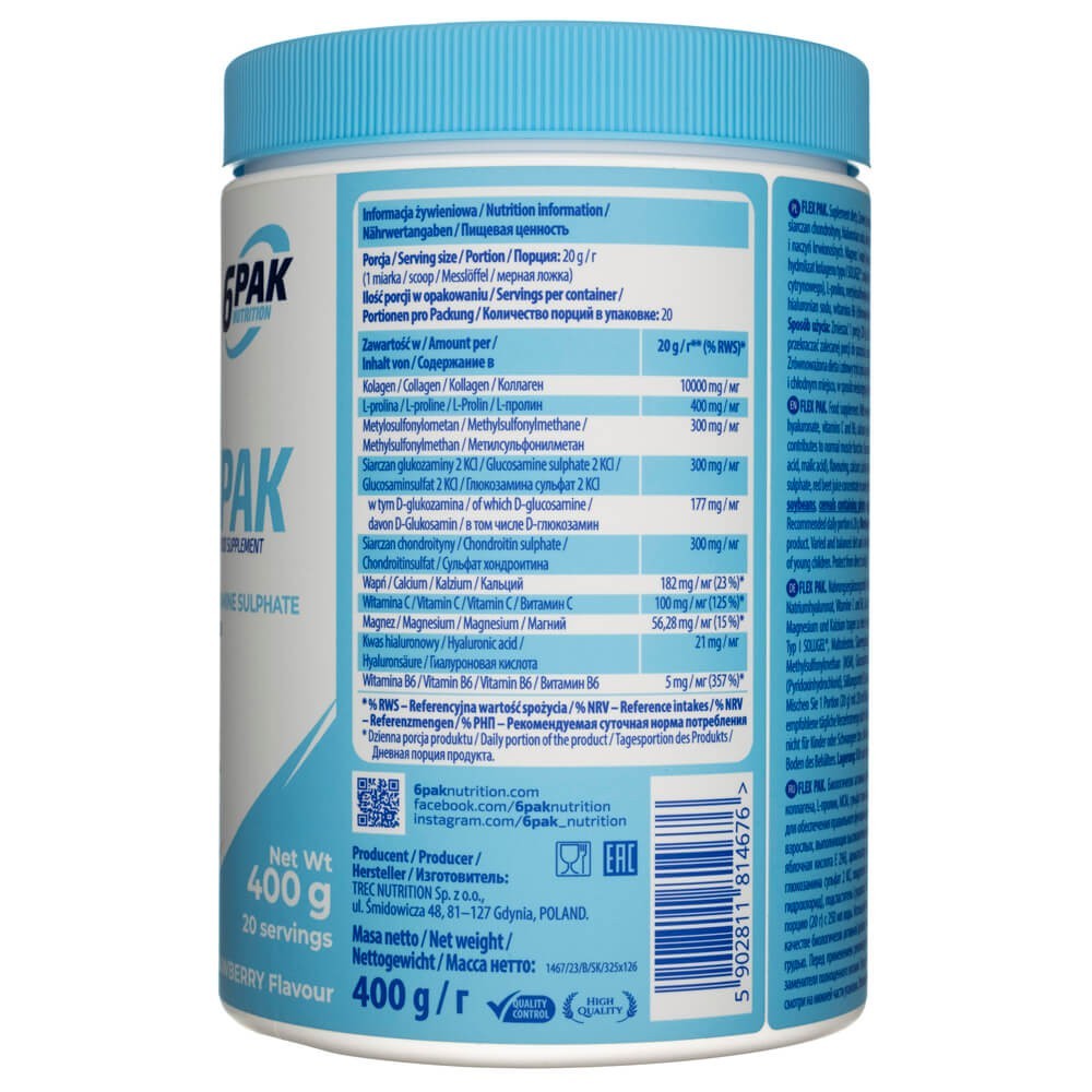 6PAK Flex Pak, hidrolizuotas kolagenas + MSM + gliukozamino sulfatas, braškių skonio - 400 g