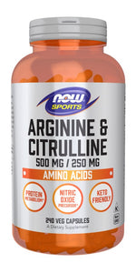 NOW FOODS L-argininas 500 mg + L-citrulinas 250 mg 240 kaps.