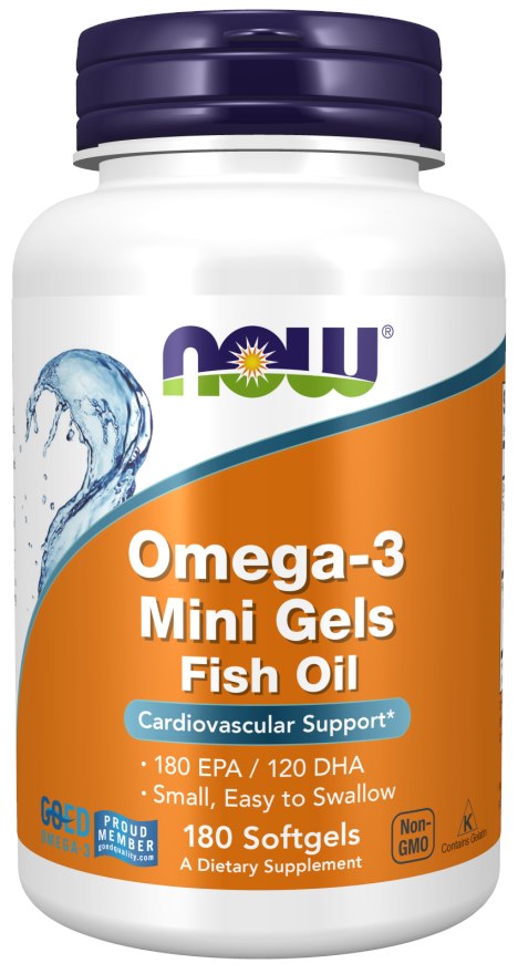 Now Foods Omega 3 mini geliai - DHA 120 mg + EPA 180 mg 180 kapsulių
