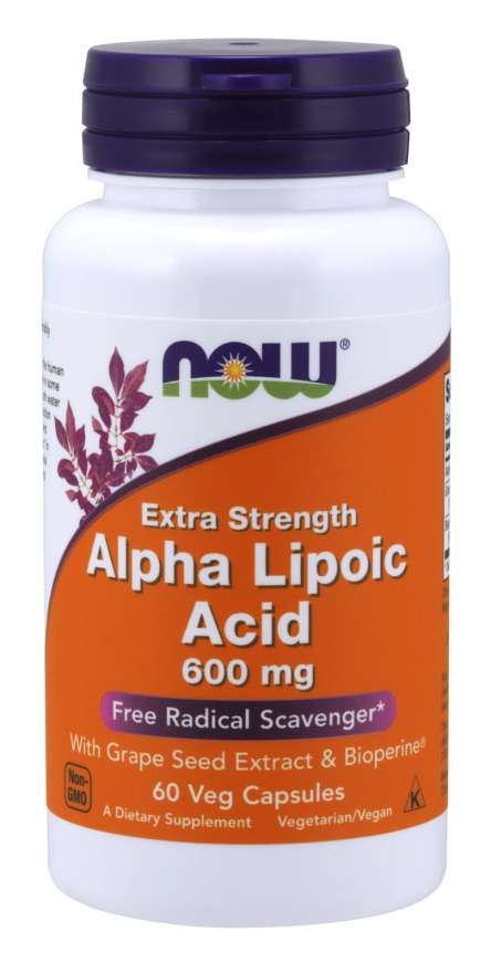 NOW FOODS ALA - alfa lipoinė rūgštis 600 mg + vynuogių ekstraktas + bioperinas 60 kaps.