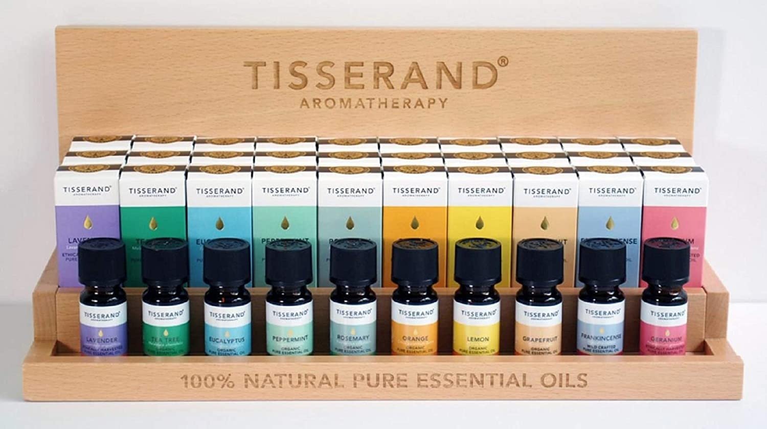 TISSERAND AROMATERAPIJOS TOP 10 eterinių aliejų rinkinys + stovas 40 vnt. - 30 x 9 ml + 10 x testerių po 9 ml