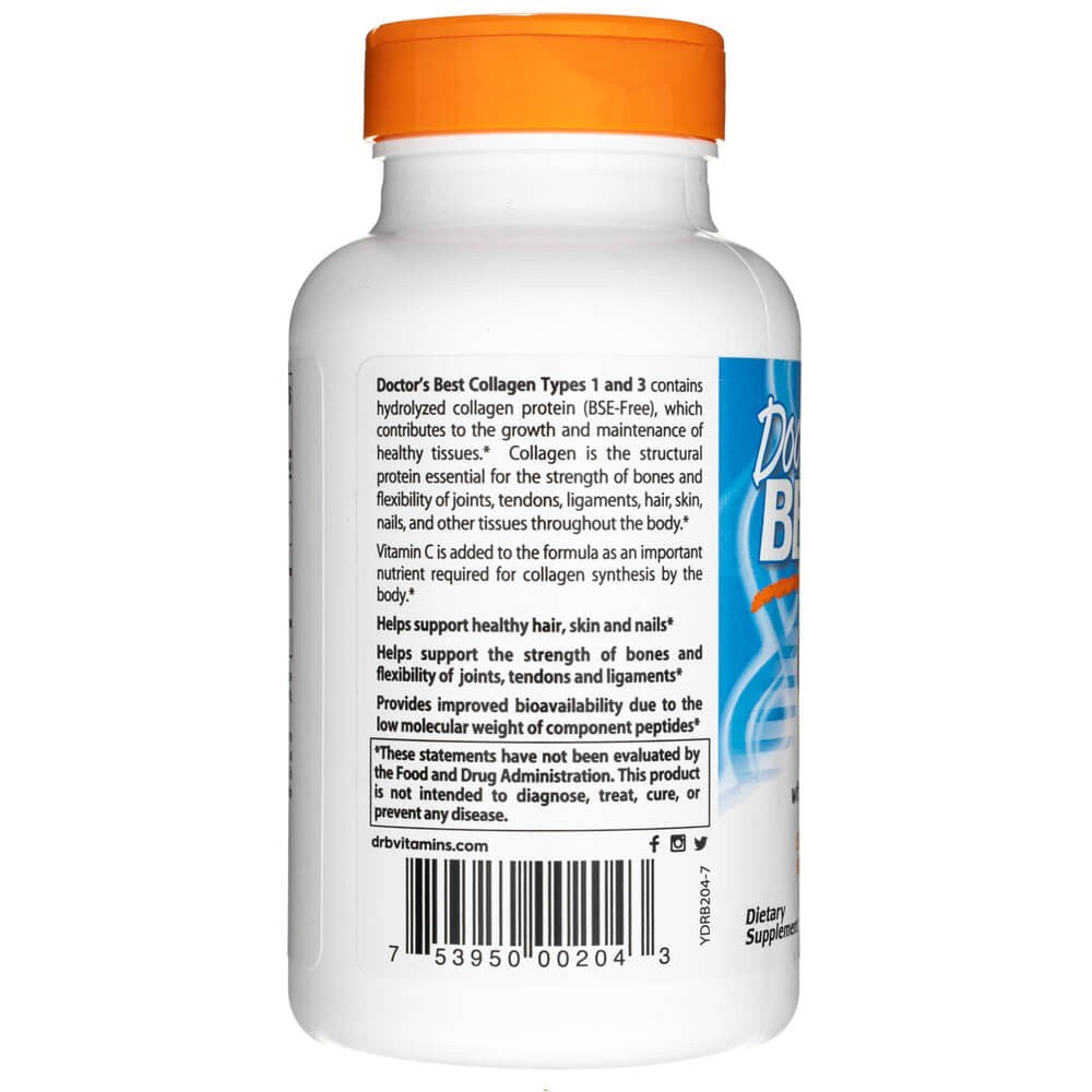 Doctor's Best 1 ir 3 tipų kolagenas su peptanu ir vitaminu C 1000 mg - 180 tablečių