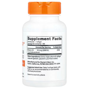 Doctor's Best vitaminas D3 50 mcg - 180 kapsulių