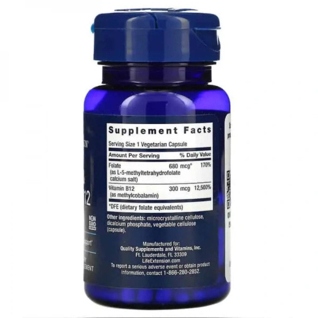 Life Extension BioActive Folate & Vitamin B12 - 90 kapsulių
