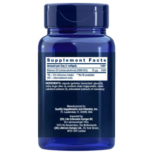Life Extension vitaminas D3 75 mcg (3000 TV) - 120 minkštųjų gelių