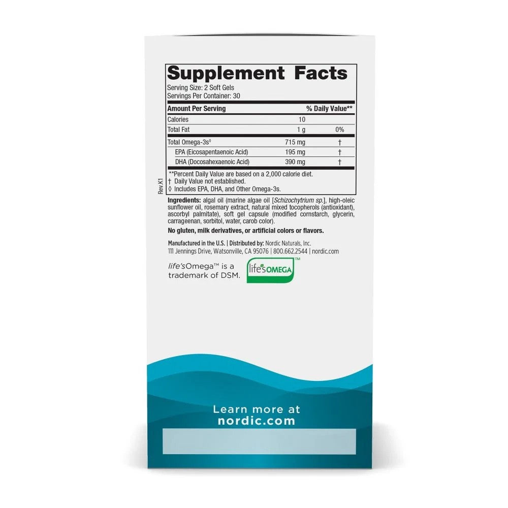 Nordic Naturals Algae Omega 715 mg (Omega-3 iš dumblių) - 60 kapsulių - Magnis.lt