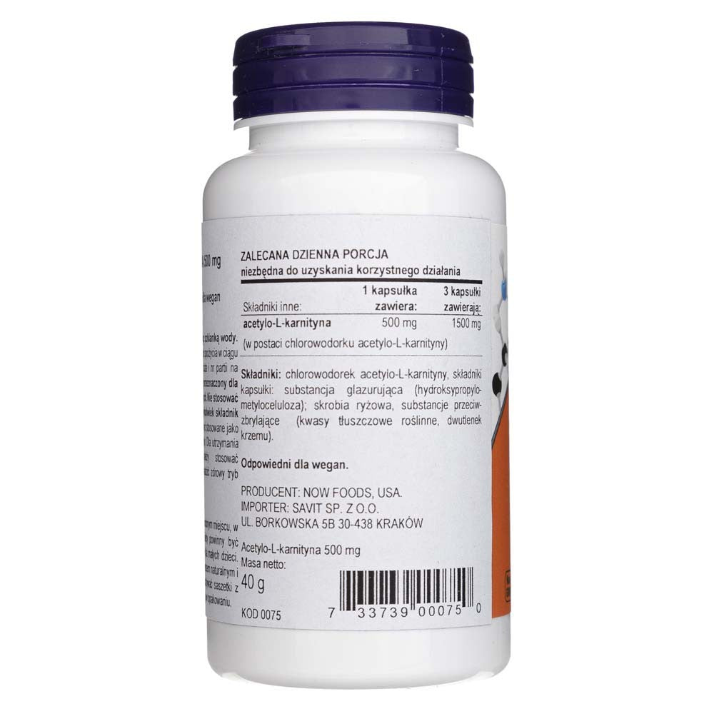 Now Foods acetil-L-karnitinas 500 mg - 50 kapsulių