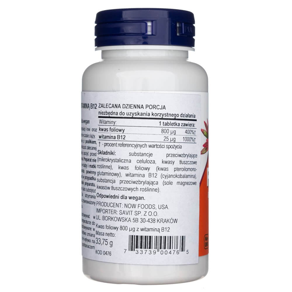 Now Foods folio rūgštis 800 mcg su vitaminu B-12 - 250 tablečių - Magnis.lt