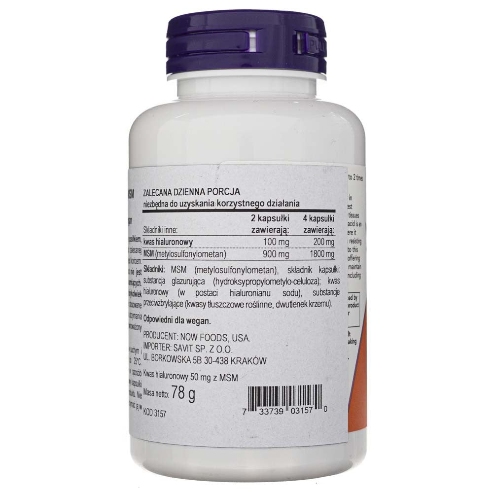 Now Foods hialurono rūgštis su MSM 50 mg - 120 kapsulių