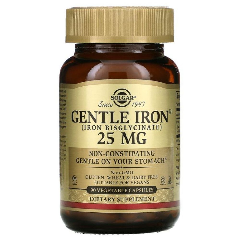 Solgar Gentle Iron, amino rūgščių chelatas 25 mg JAV - 90 kapsulių