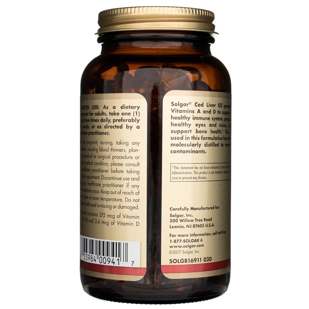 Solgar menkių kepenų aliejus (vitaminai A ir D) - 250 minkštųjų gelių