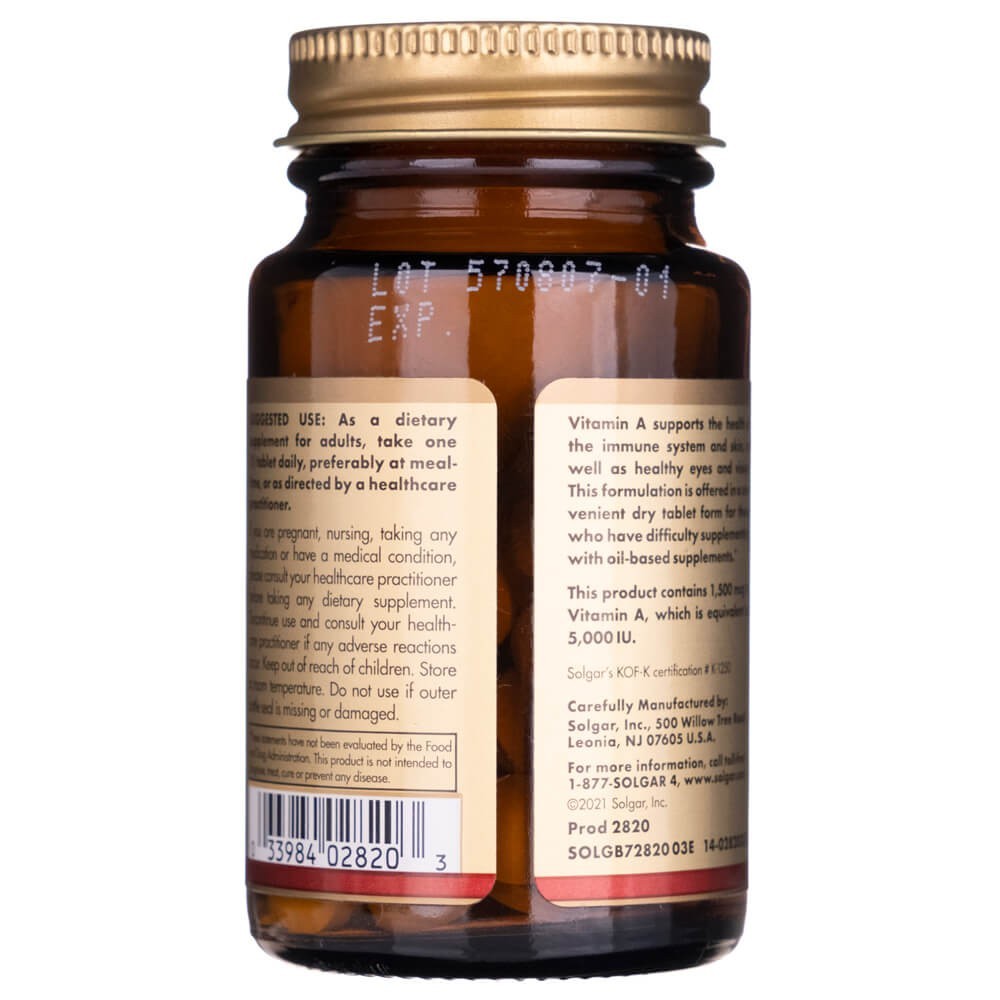 Solgar sausas vitaminas A 1500 mcg (5000 TV) - 100 tablečių - Magnis.lt