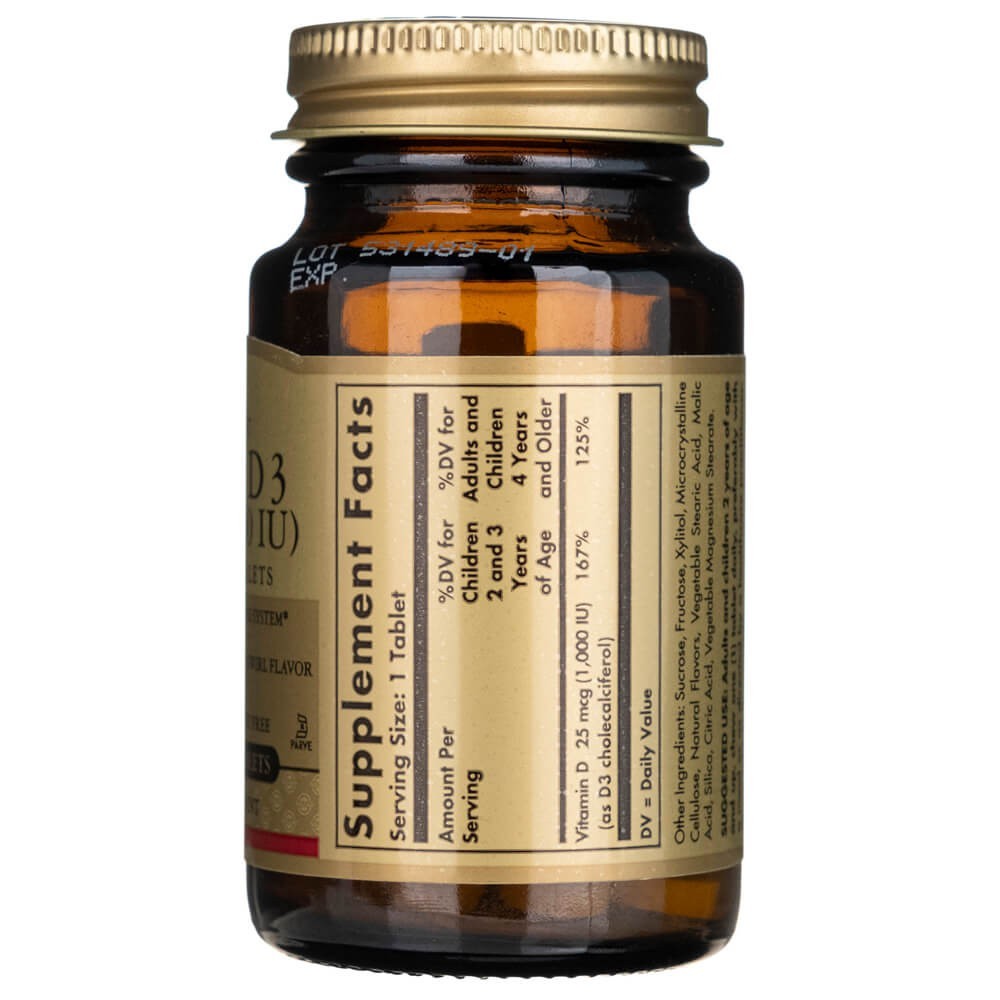 Solgar vitaminas D3 25 mcg (1000 TV) - 100 kramtomųjų tablečių - Magnis.lt