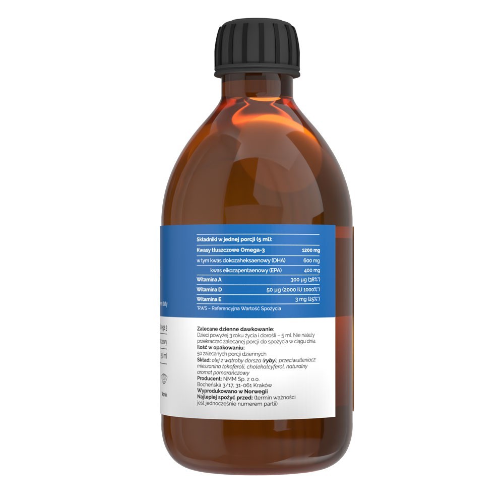 Vitaler's Norwegian Cod Liver Oil Omega-3 1200 mg D3 2000 TV, apelsinų skonio, 1200 mg - 250 ml