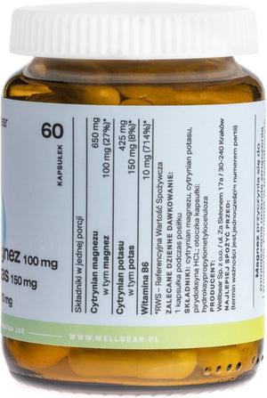 Wellbear Magnis 100 mg + Kalis 150 mg + B6 10 mg - 60 kapsulių