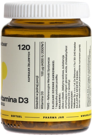 Wellbear Vitaminas D3 4000 TV minkštųjų kapsulių - 120 gelio kapsulių