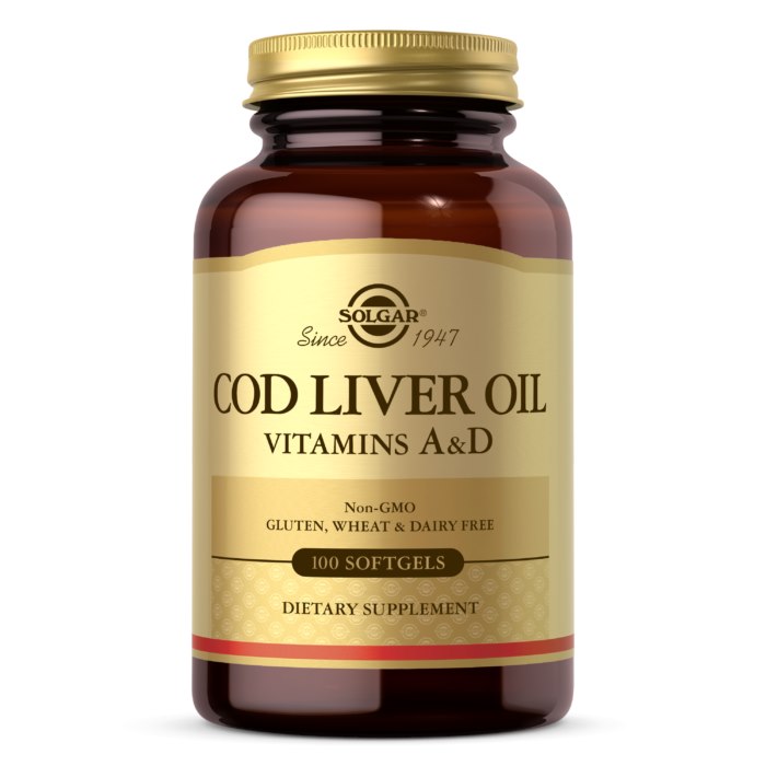 Solgar menkių kepenų aliejus – vitaminai A ir D – menkių kepenų aliejus – vitaminų A ir D papildas 100 kapsulių
