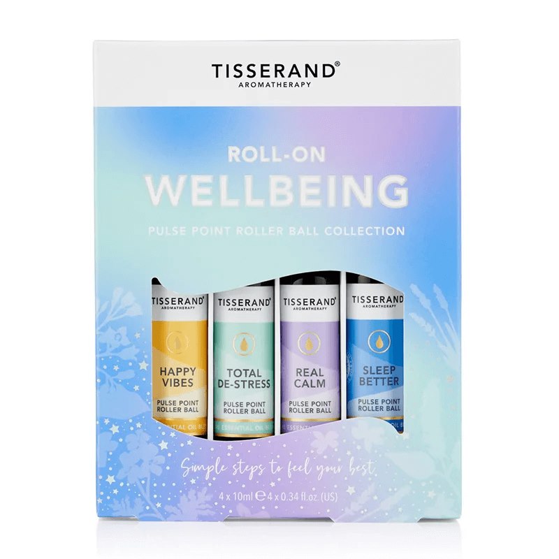 TISSERAND AROMATHERAPY rutulinis dezodorantas Wellbeing“ – eterinių rutulinių aliejų rinkinys nuotaikai gerinti 4 x 10 ml