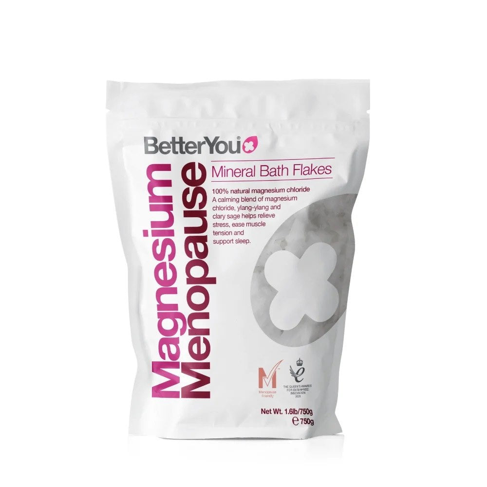 BETTERYOU Magnio menopauzės vonios dribsniai - magnio dribsniai maudynėms menopauzės metu 750 g