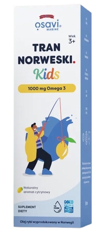 Osavi Norvegijos menkių kepenų aliejus vaikams 1000 mg Omega 3 - citrinų skonio 50 ml
