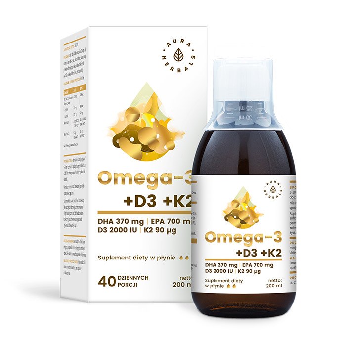 AURA HERBALS Omega-3 370 DHA + D3 2000 TV + K2MK7 skystis 200 ml