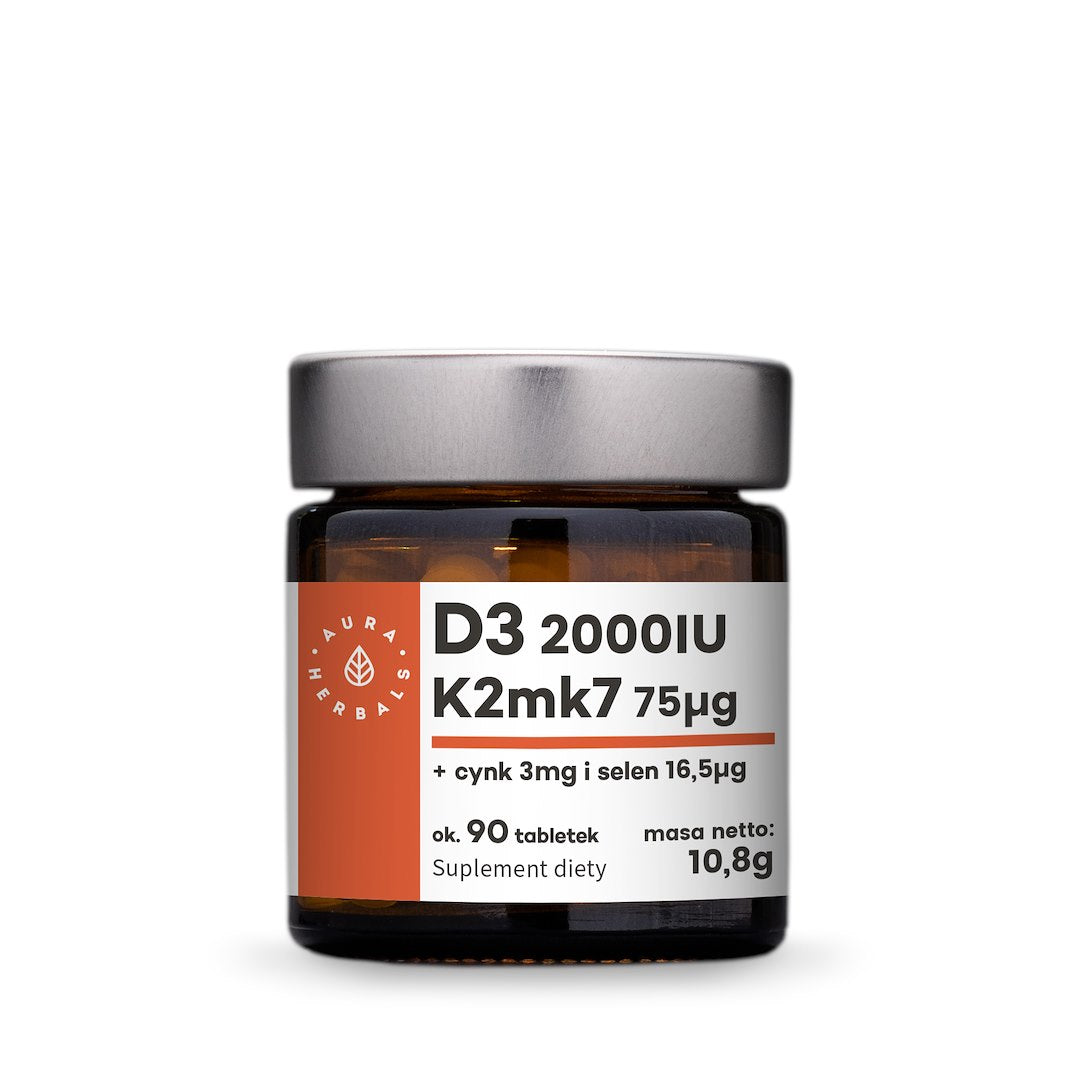 AURA HERBALS Vitaminas D3 2000 TV + K2mk7 + cinkas + selenas 90 tablečių