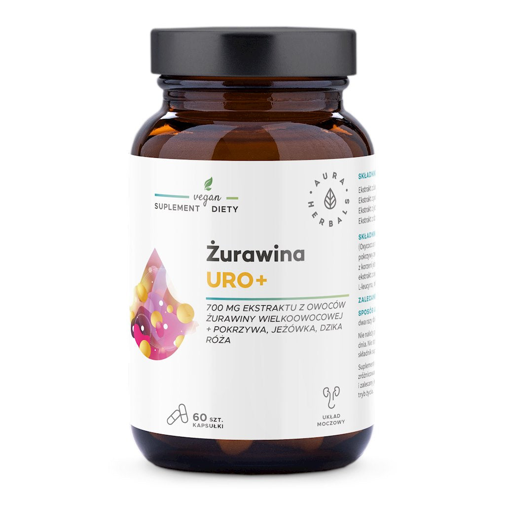 AURA HERBALS Spanguolių skonio Uro+ 60 kapsulių