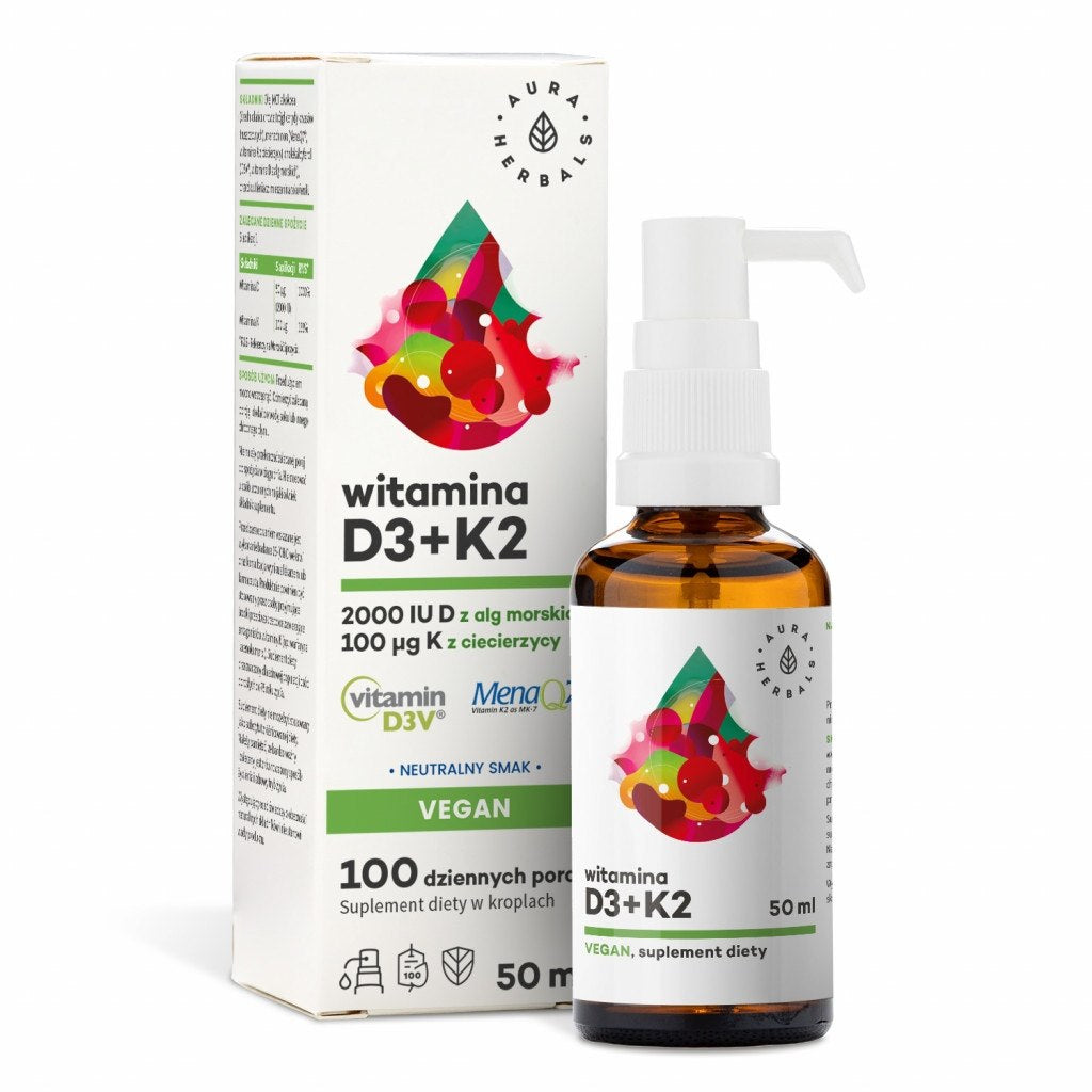 AURA HERBALS Vitaminas D3 2000 TV + K2 veganiškas 50 ml