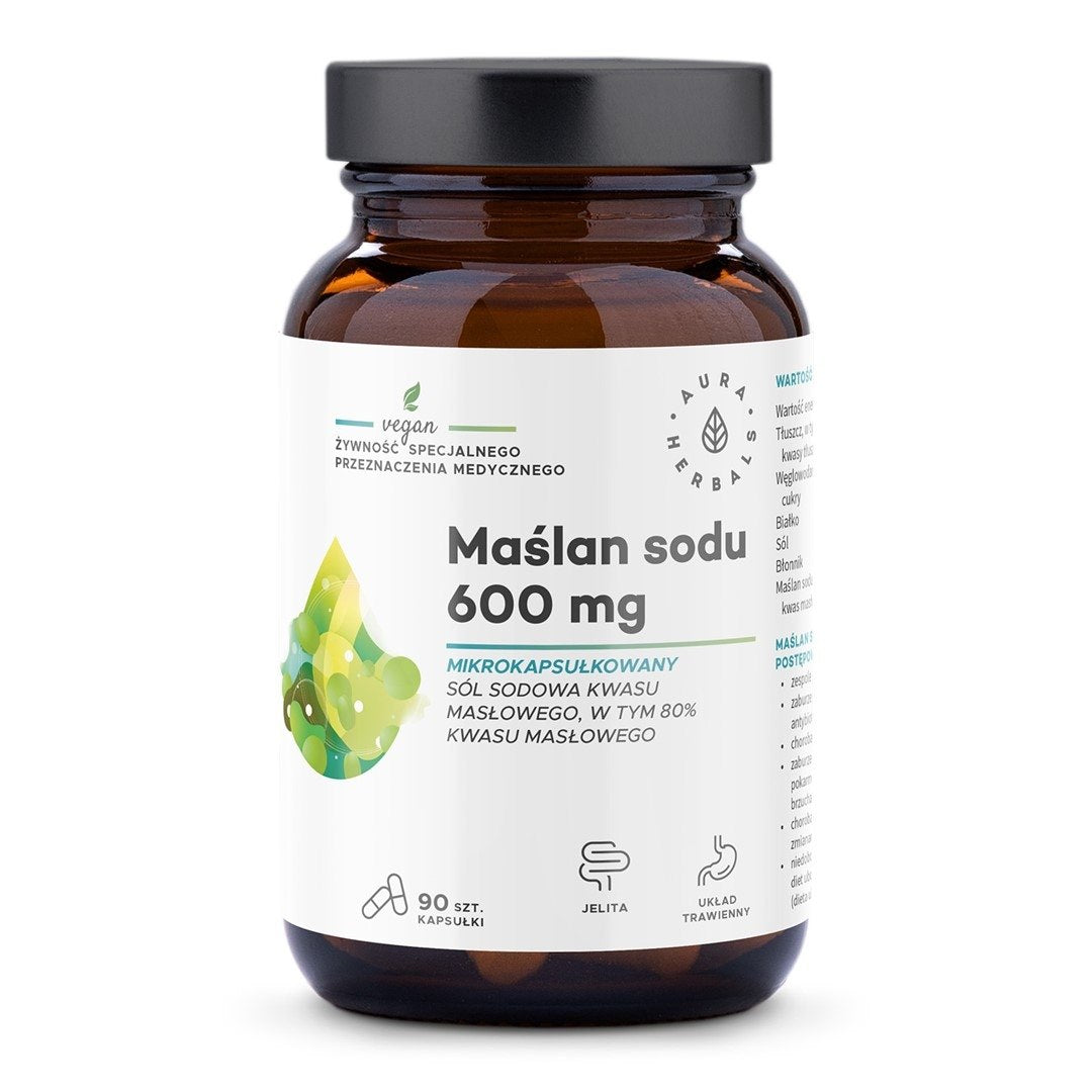 AURA HERBALS natrio butiratas 600 mg mikrokapsulėse 90 kapsulių
