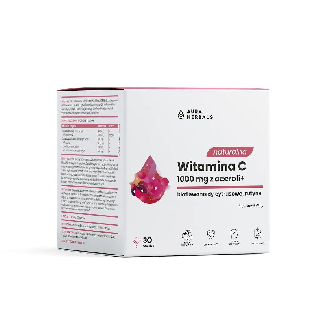 AURA HERBALS natūralus vitaminas C 1000 mg iš acerolos vaisių, pakeliais 30 vnt.