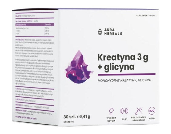 AURA HERBALS kreatino monohidratas 3 g + glicino pakeliai 30 vnt.