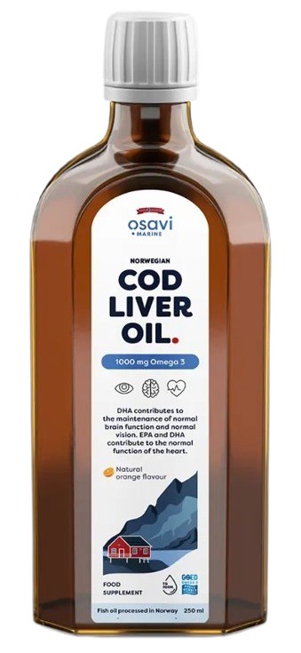 Osavi Norvegiškas menkių kepenų aliejus 1000 mg Omega 3, natūralus apelsinų skonis 250 ml