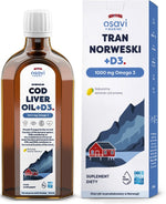 Osavi Norvegiškas menkių kepenų aliejus +D3, 1000 mg Omega 3 - citrinų skonio 250 ml