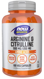 NOW FOODS L-argininas 500 mg + L-citrulinas 250 mg 120 kapsulių