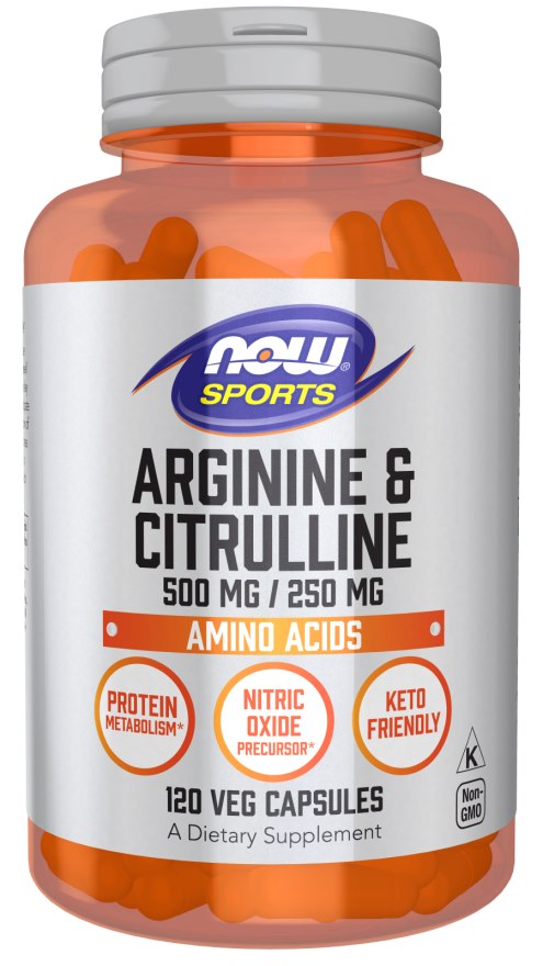 NOW FOODS L-argininas 500 mg + L-citrulinas 250 mg 120 kapsulių